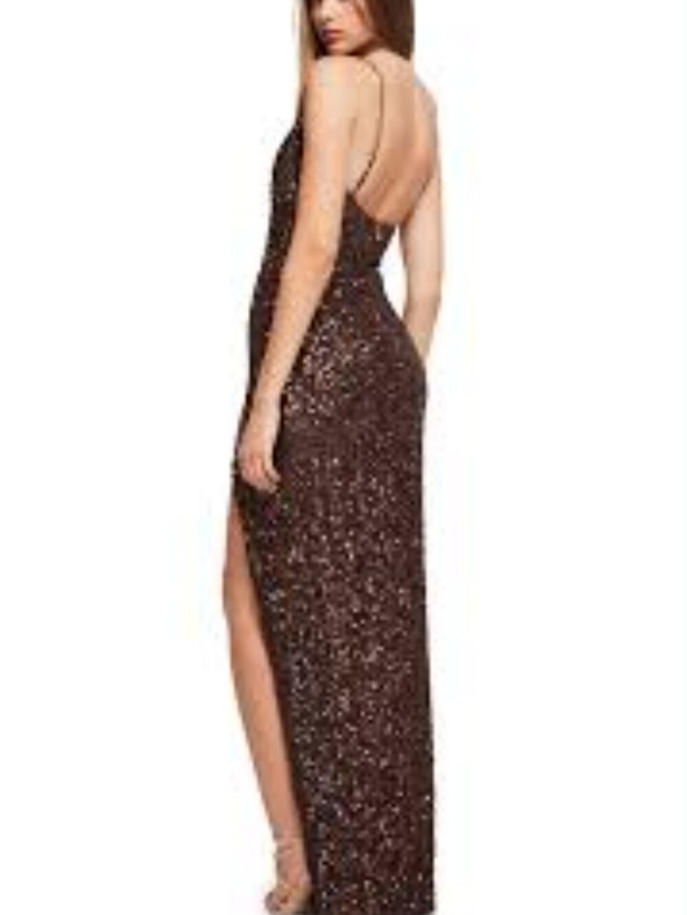 Nookie Chocolate Sequin drape Neck Slit Gown size XS new with tags